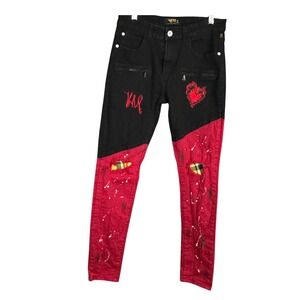 Kleep Denim Revolution Men 32 Black Red Colorblock Distressed Skinny Jeans Patch